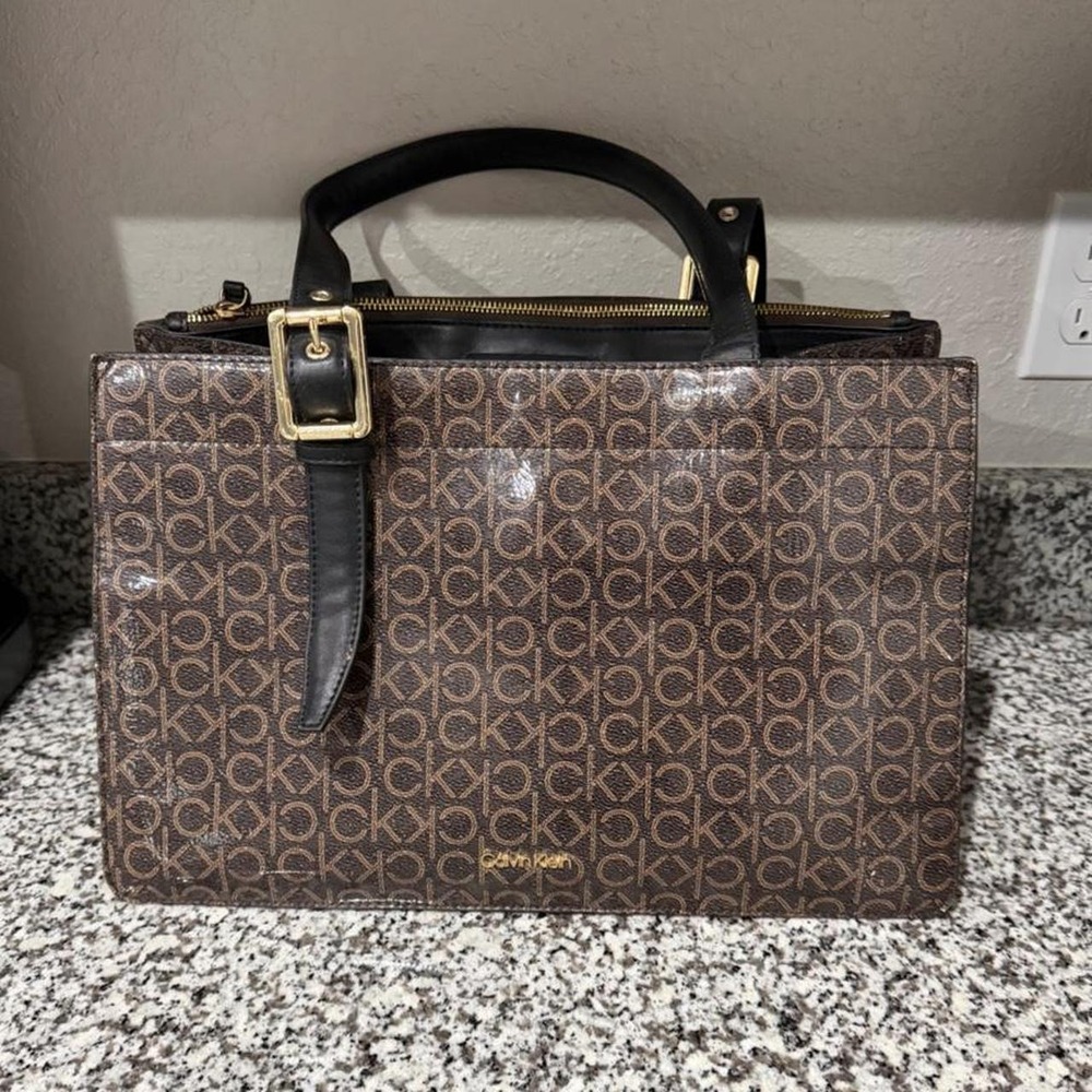 Calvin Klein Monogram Logo Tote Shoulder Bag Brown Coated Canvas Buckles